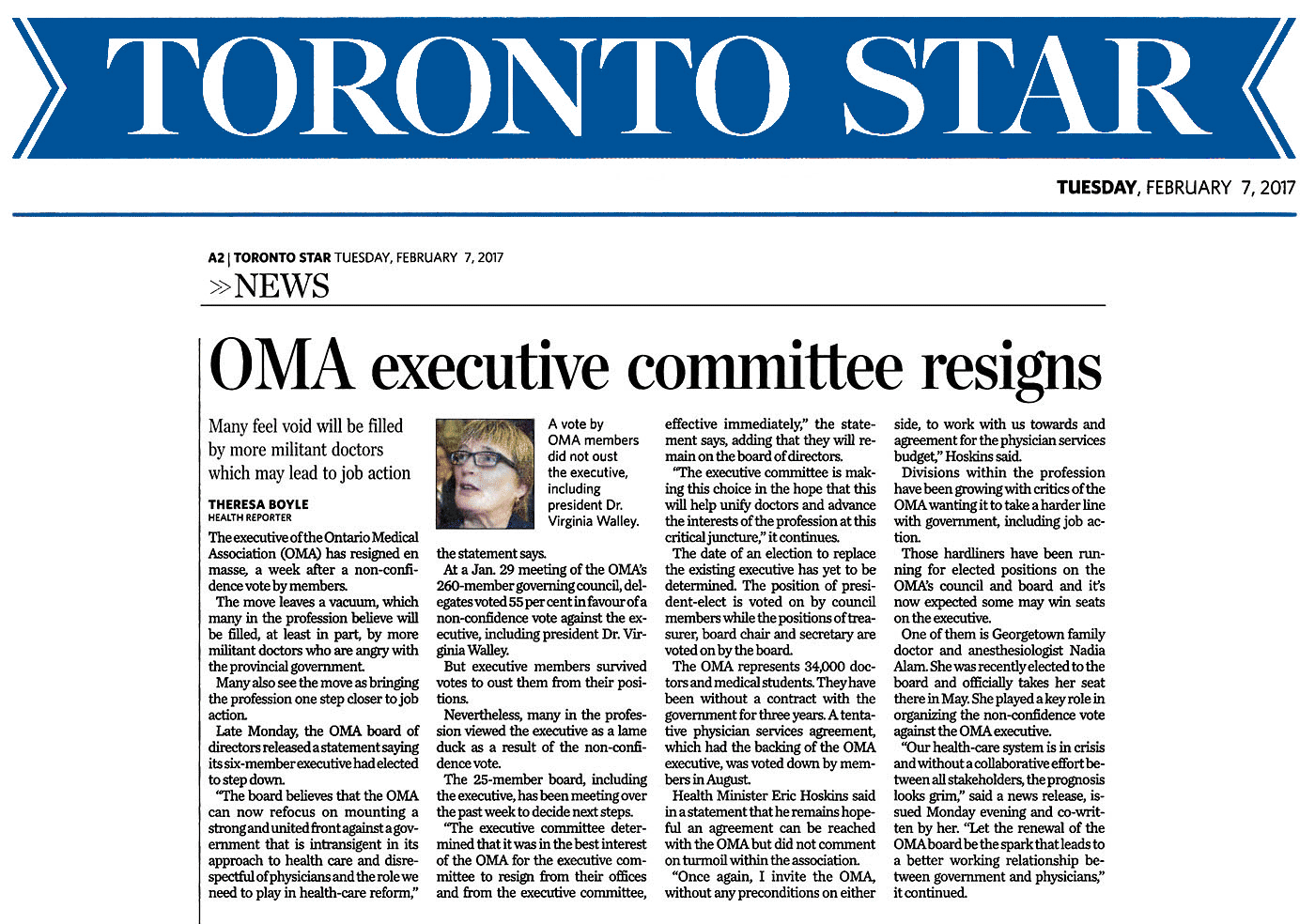 Toronto Star 2017-02-07 - OMA exec resigns